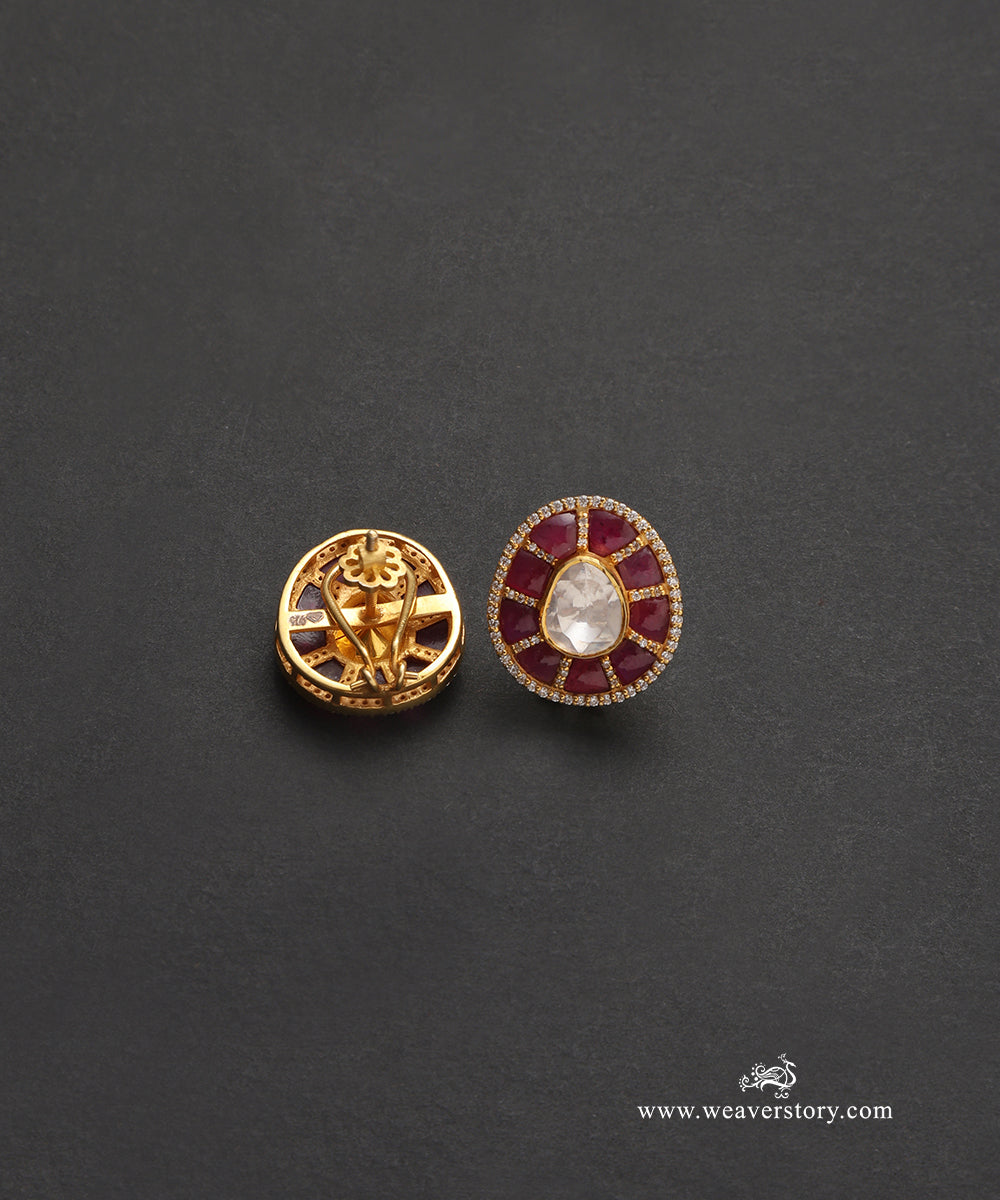 Lila_Handcrafted_Pure_Silver_Moissanite_Polki_Studs_With_Red_Semi_Precious_Stones_WeaverStory_03