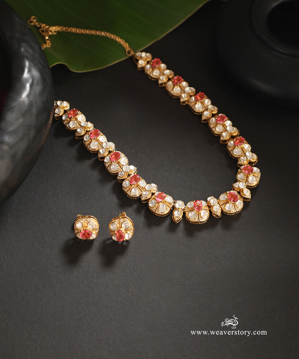 Aesha_Handcrafted_Pure_Silver_Moissanite_Polki_Necklace_Set_With_Semi_Precious_Stones_WeaverStory_01