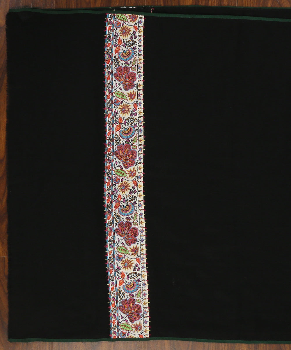 Handwoven Black Pure Pashmina Stole With Hand Appliqued Kashidakari Border