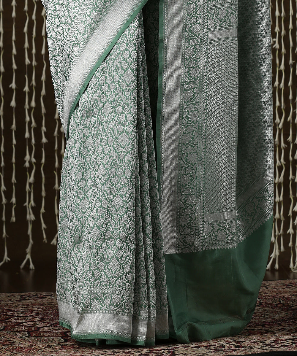 Sage Green Handloom Kimkhab Brocade Banarasi Saree With Silver Zari