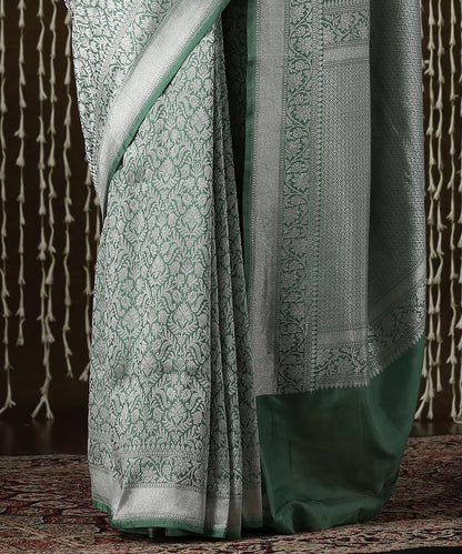 Sage Green Handloom Kimkhab Brocade Banarasi Saree With Silver Zari