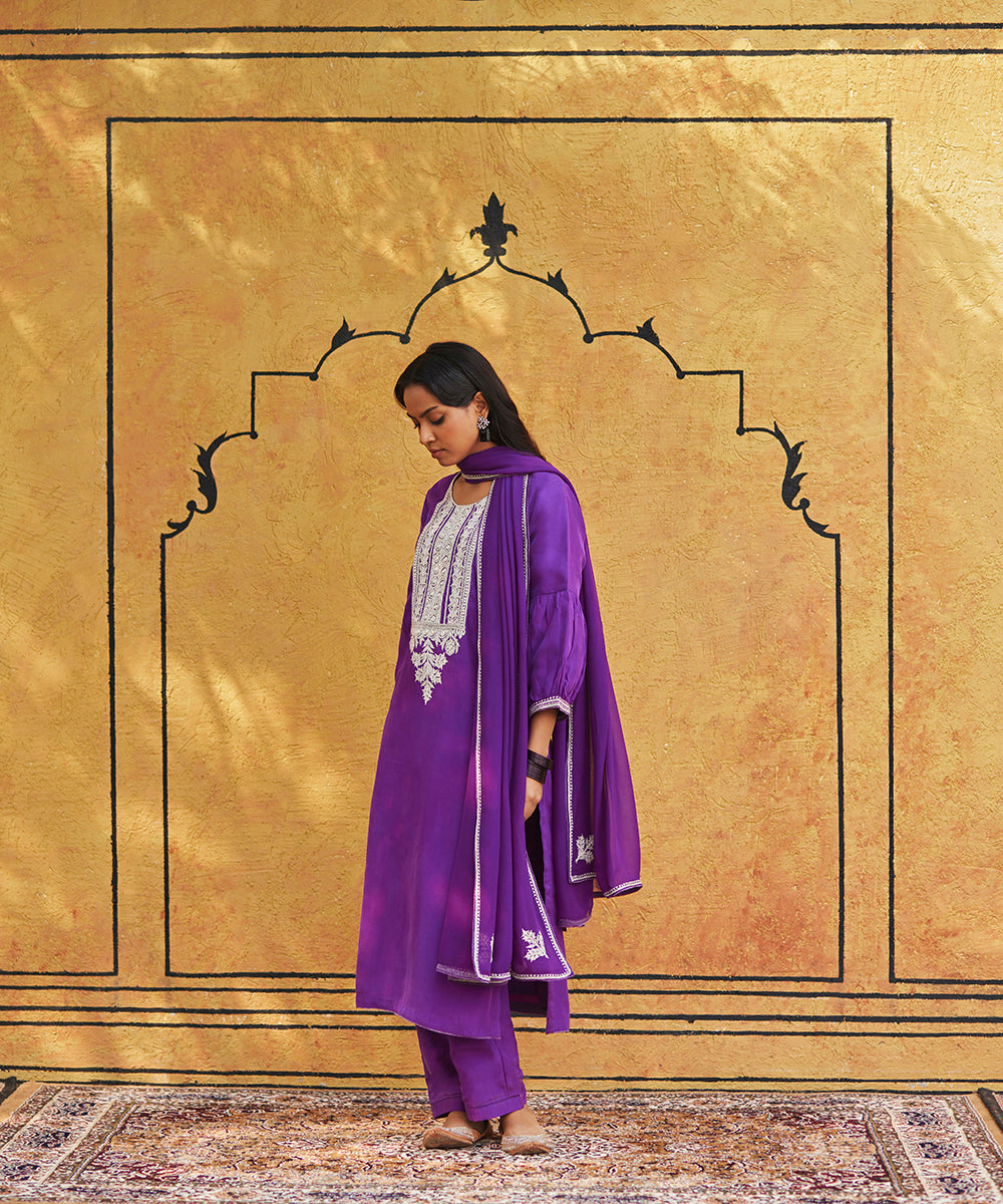 Purple Pure Silk Tilla Hand Embroidered Unstitched Suit Set With Dupatta