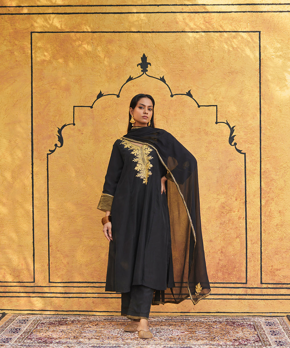 Black Pure Silk Tilla Hand Embroidered Unstitched Suit Set With Dupatta