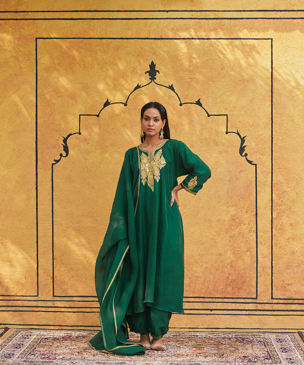 Bottle Green Pure Silk Tilla Hand Embroidered Unstitched Suit Set With Dupatta
