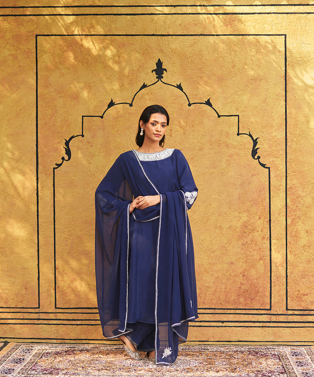 Navy selling Blue & Gold-Toned Embroidered Art Silk Unstitched Dress Material