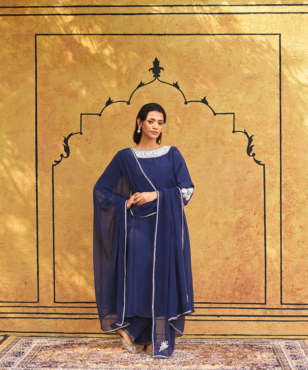 Navy Blue Pure Silk Tilla Hand Embroidered Unstitched Suit Set With Dupatta