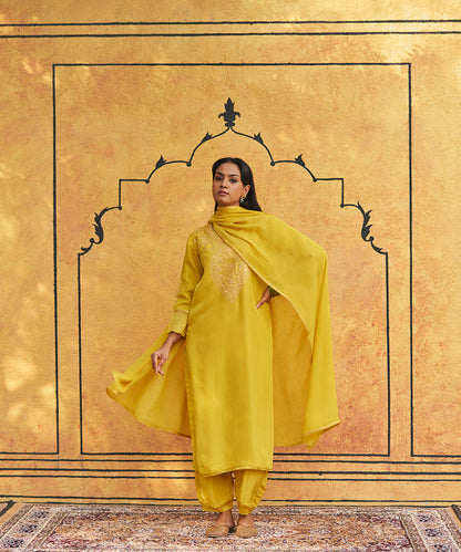 Mustard Pure Silk Tilla Hand Embroidered Unstitched Suit Set With Dupatta