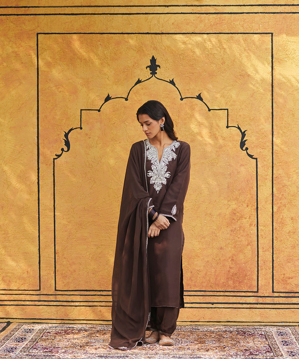 Dark Brown Pure Silk Tilla Hand Embroidered Unstitched Suit Set With Dupatta