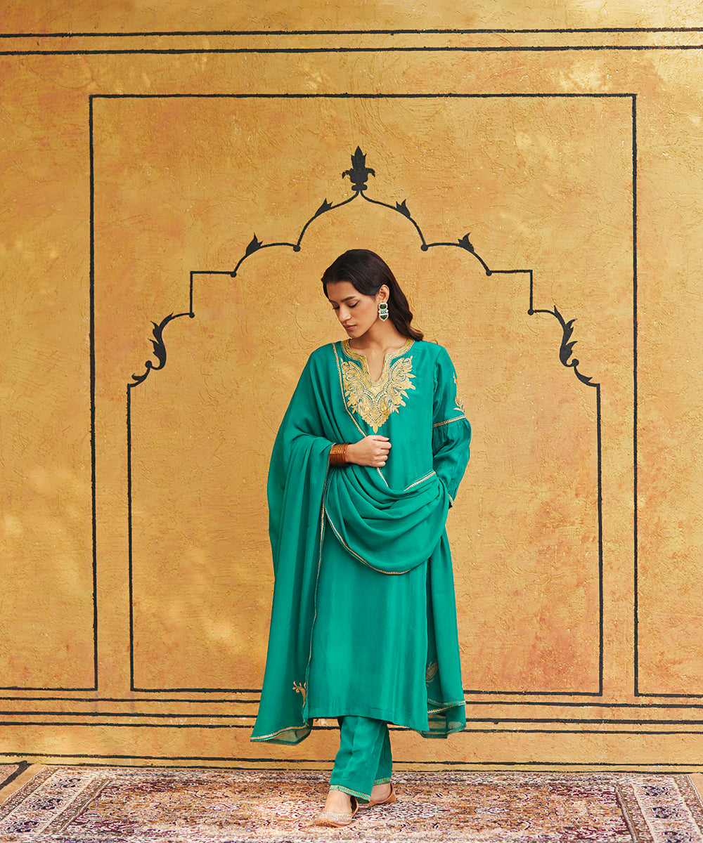 Sea Green Pure Silk Tilla Hand Embroidered Unstitched Suit Set With Dupatta