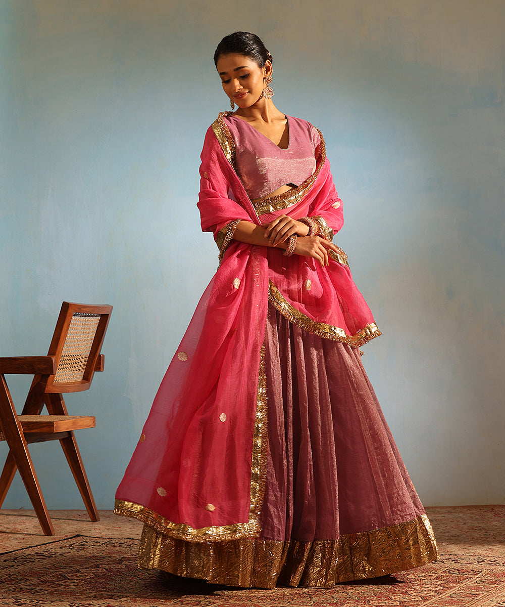 Buy Purple Blouse And Lehenga Raw Silk Dupatta Net Print & Embroidery Set  For Women by Archana Kochhar Online at Aza Fashions.