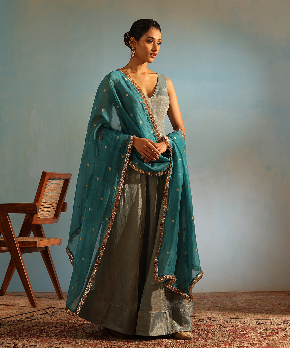 Blue Handcrafted Tissue Silk Anarkali Kurta With Churidaar And Organza Dupatta Ready To Wear