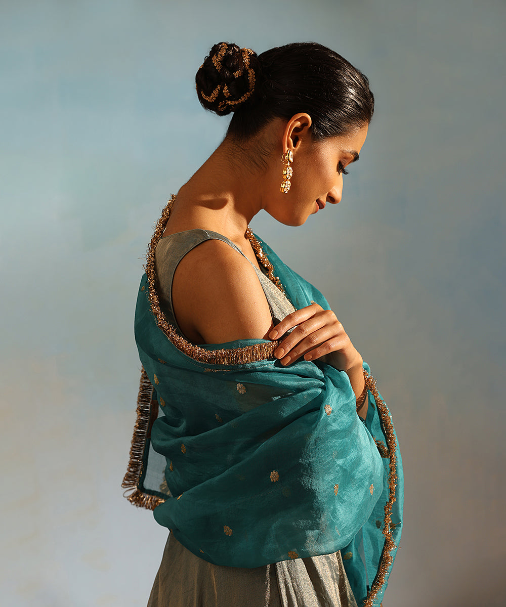Blue Handcrafted Tissue Silk Anarkali Kurta With Churidaar And Organza Dupatta