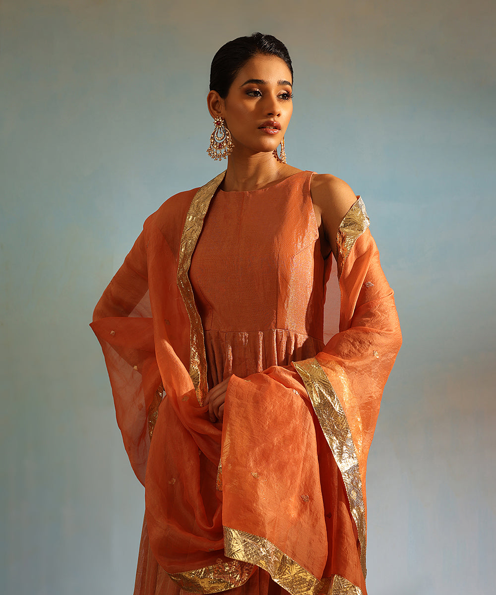 Orange Handcrafted Tissue Silk Anarkali Kurta With Churidaar And Organza Dupatta