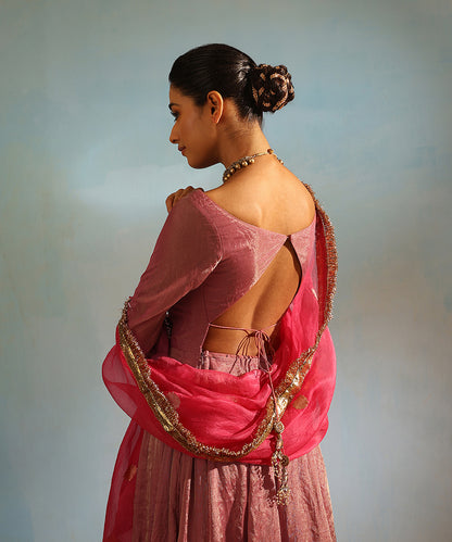 Pink Handcrafted Tissue Silk Anarkali Kurta With Churidaar And Organza Dupatta