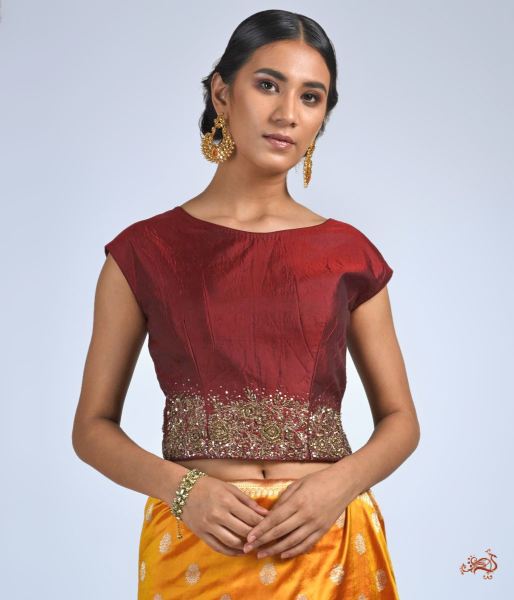 Maroon_Pure_Silk_Blouse_with_Zardozi_WeaverStory_03