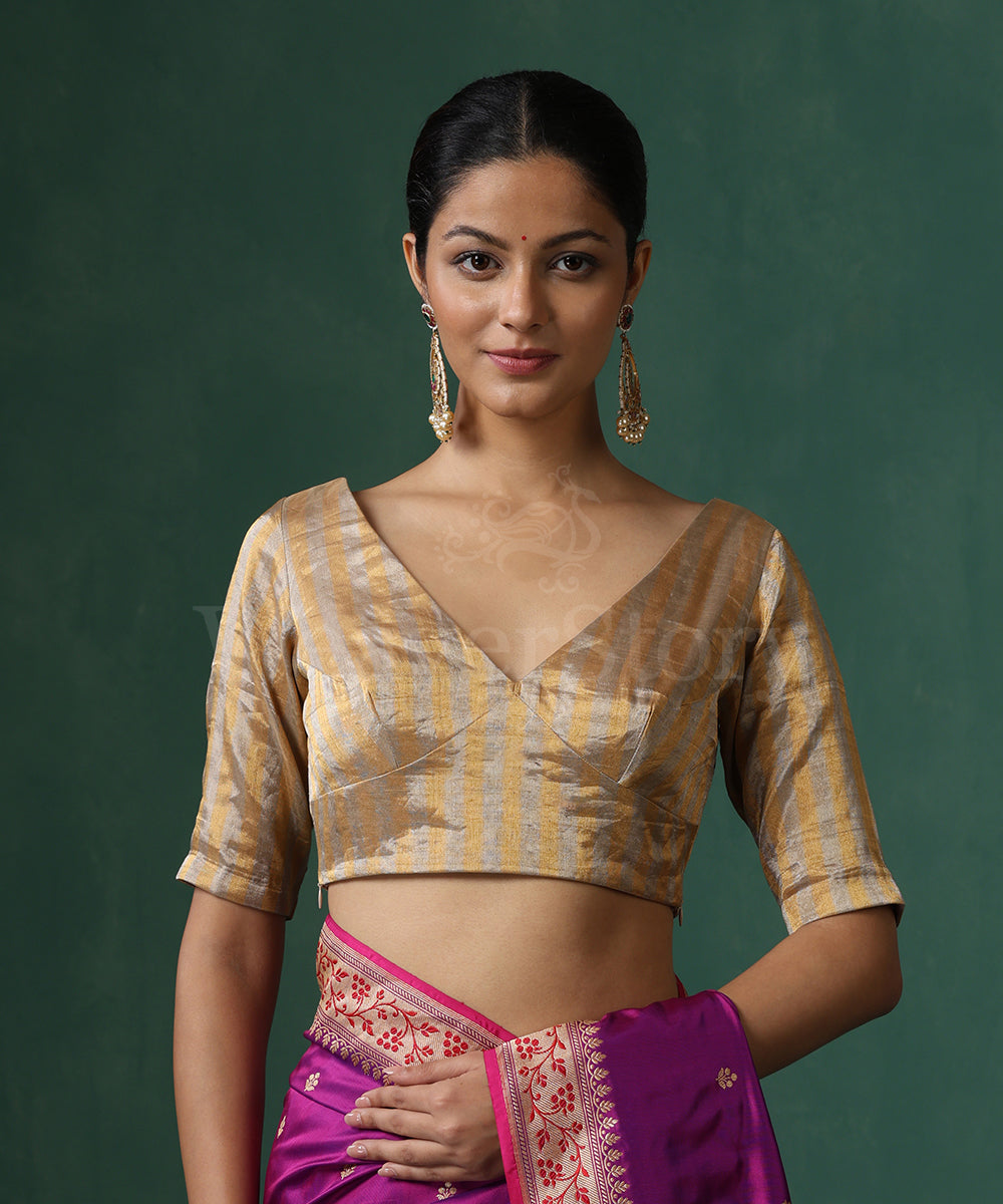 Gold_And_Silver_Handloom_Striped_Pure_Tissue_Silk_Blouse_WeaverStory_02