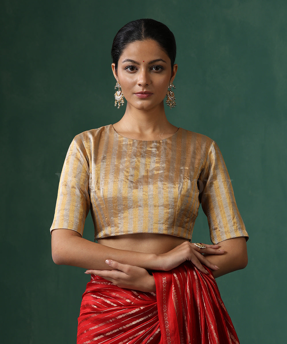 Gold_And_Silver_Handloom_Striped_Pure_Tissue_Silk_Blouse_With_Boat_Neck_WeaverStory_02