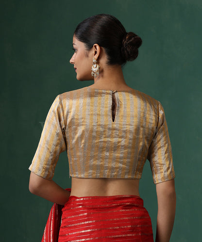 Gold_And_Silver_Handloom_Striped_Pure_Tissue_Silk_Blouse_With_Boat_Neck_WeaverStory_07