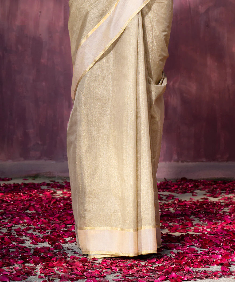 Handloom Off-White Tissue Chanderi Silk Saree With Contrast Woven Border