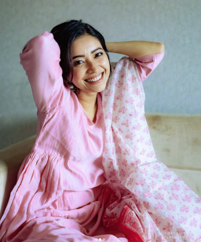Pink Handloom Chanderi Kurta Set with Pants And Block Printed Dupatta