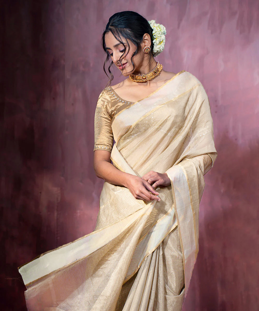 Handloom Off-White Tissue Chanderi Silk Saree With Contrast Woven Border