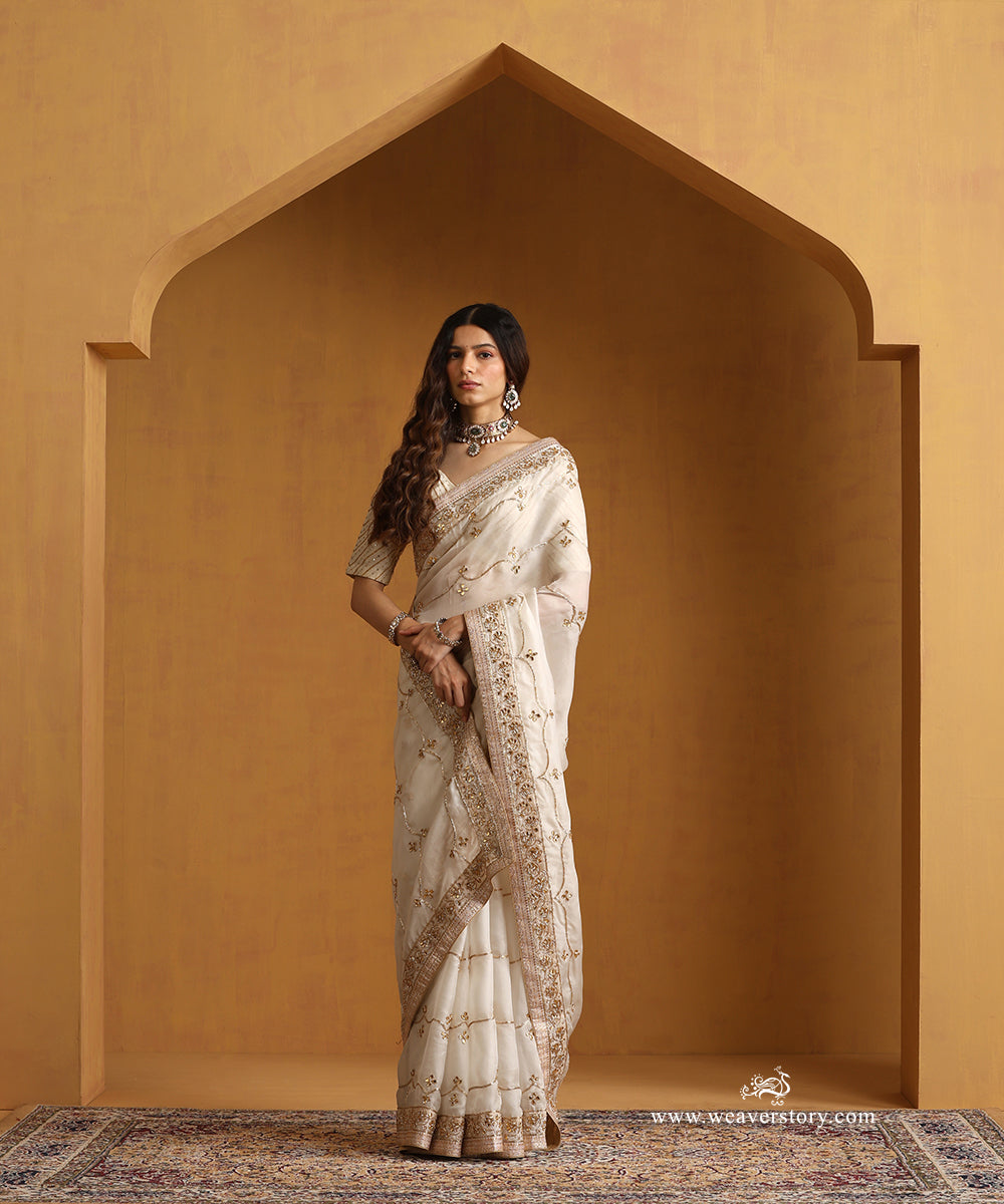 White Pure Organza Saree With Gota Mughal Jaal Embroidery