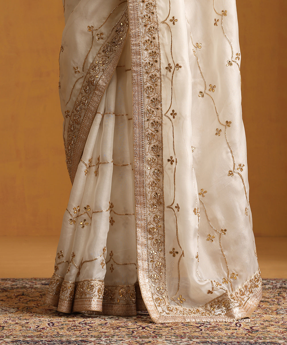 White Pure Organza Saree With Gota Mughal Jaal Embroidery