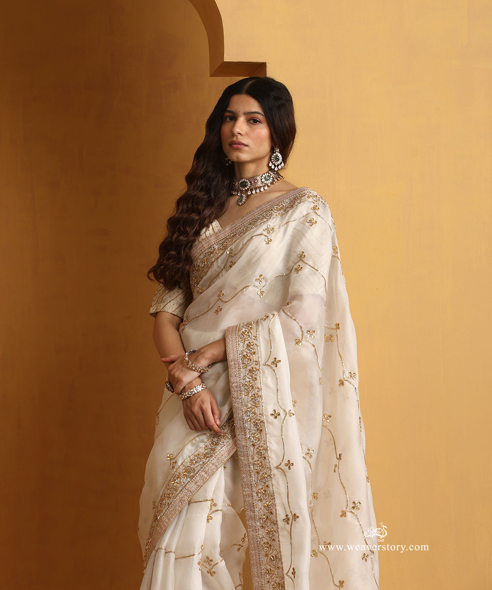 White Pure Organza Saree With Gota Mughal Jaal Embroidery