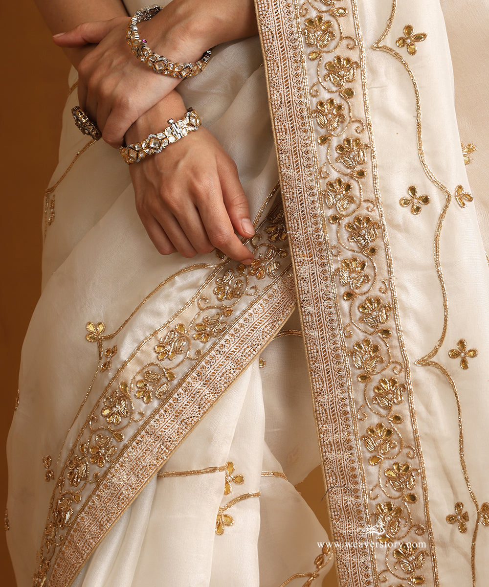 White Pure Organza Saree With Gota Mughal Jaal Embroidery