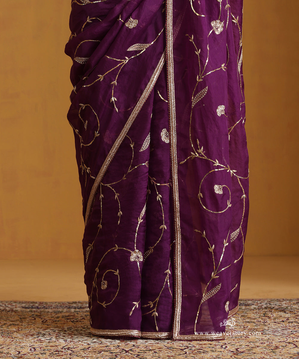 Purple Pure Organza Saree With Hand Embroidery