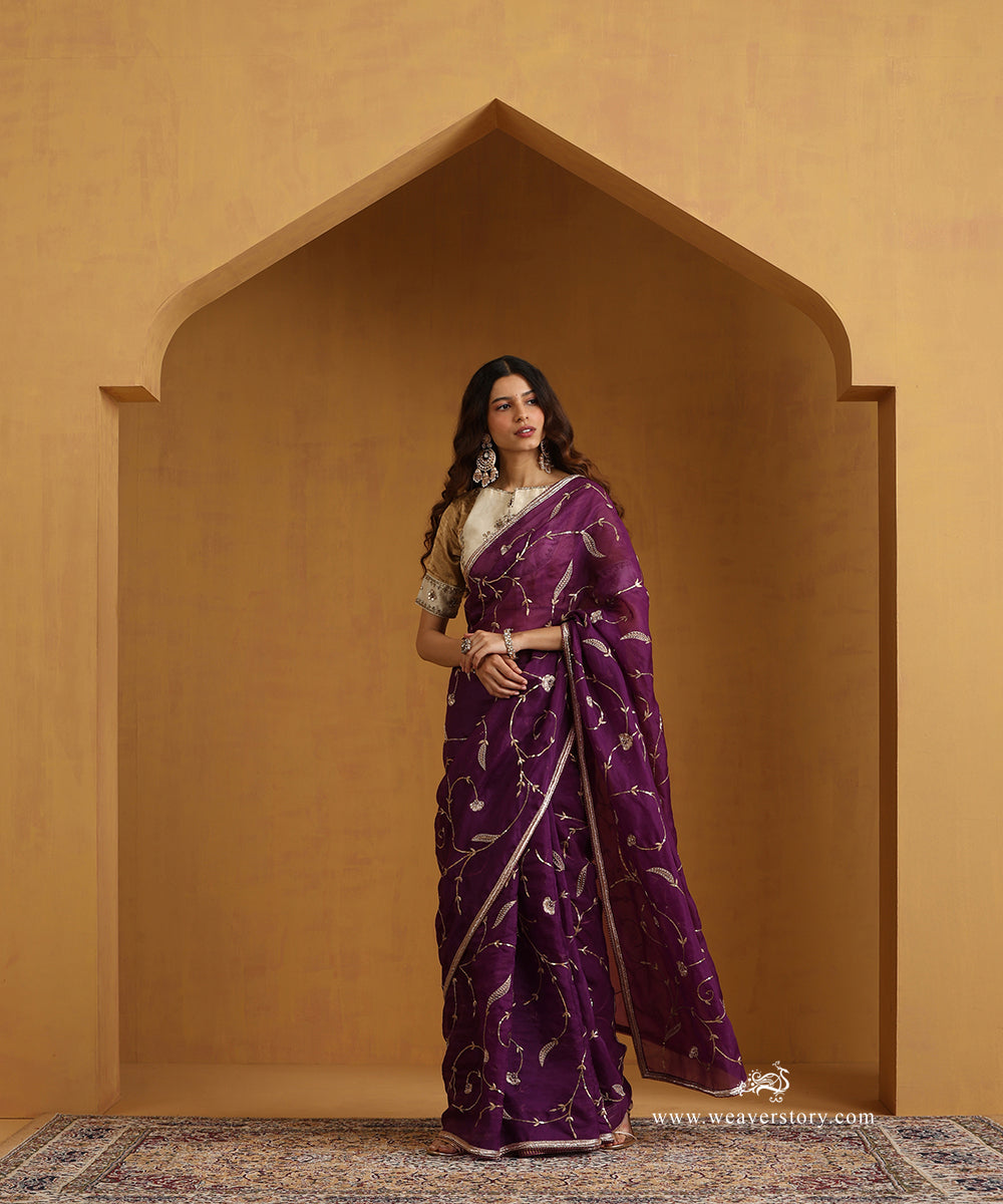 Purple Pure Organza Saree With Hand Embroidery