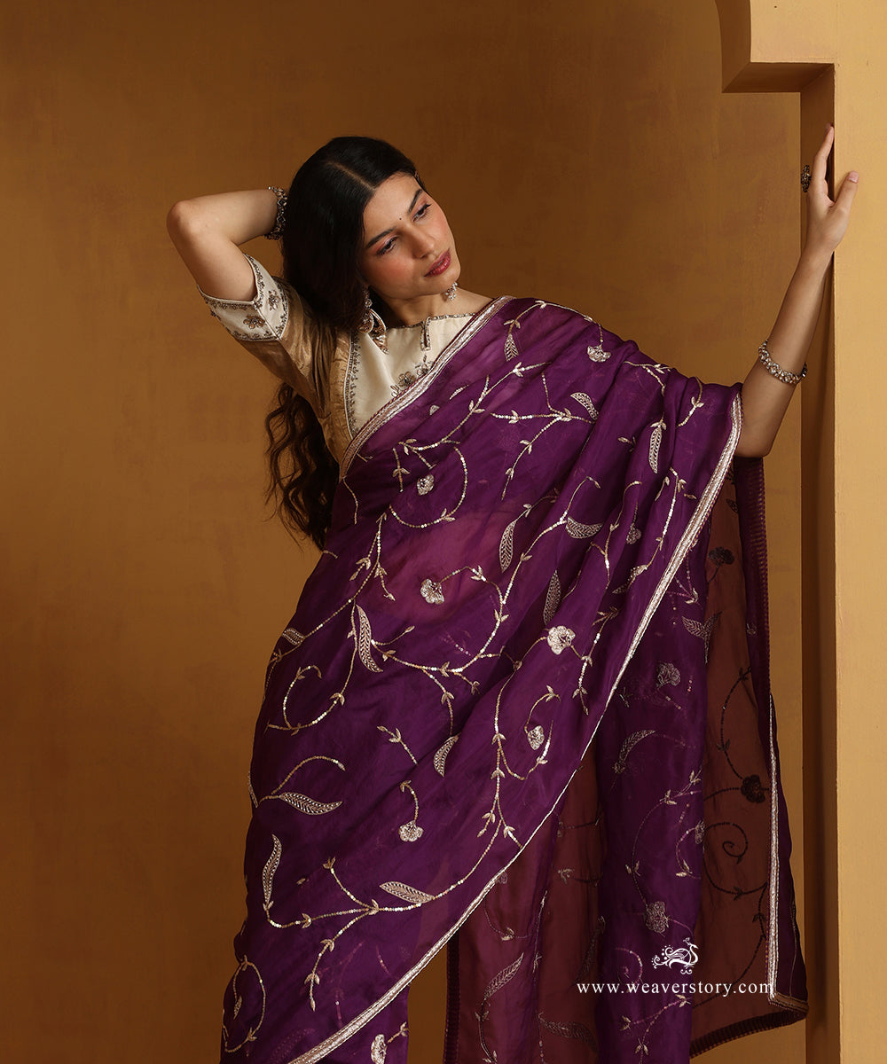 Purple Pure Organza Saree With Hand Embroidery