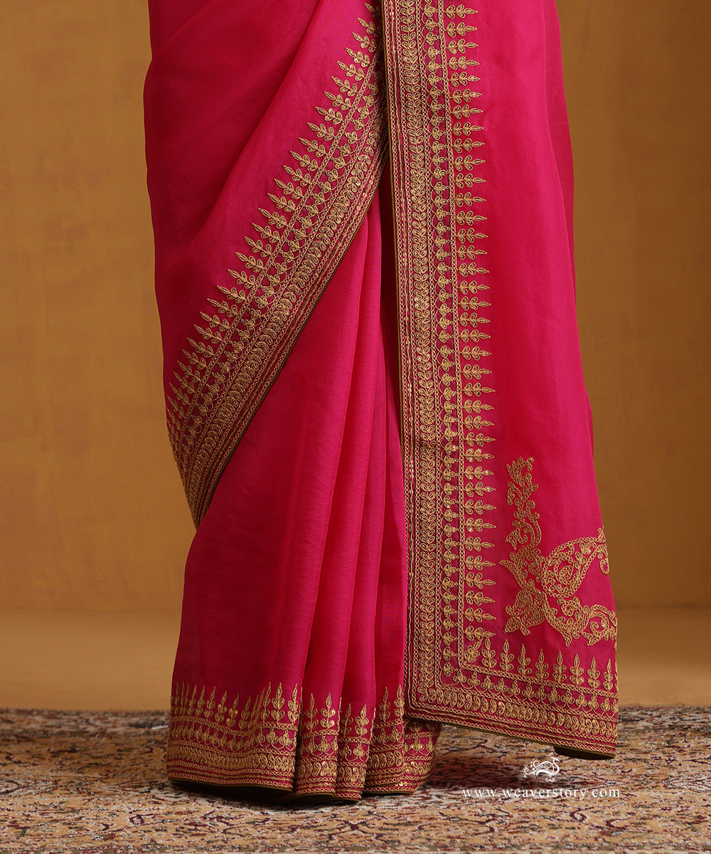 Hot Pink Pure Organza Saree With Zardozi Dori Work And Marodi Hand Embroidery