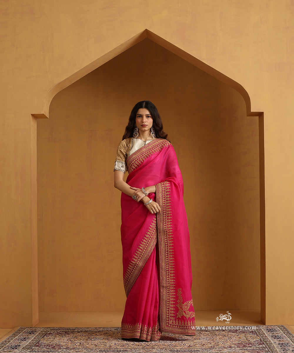 Hot Pink Pure Organza Saree With Zardozi Dori Work And Marodi Hand Embroidery