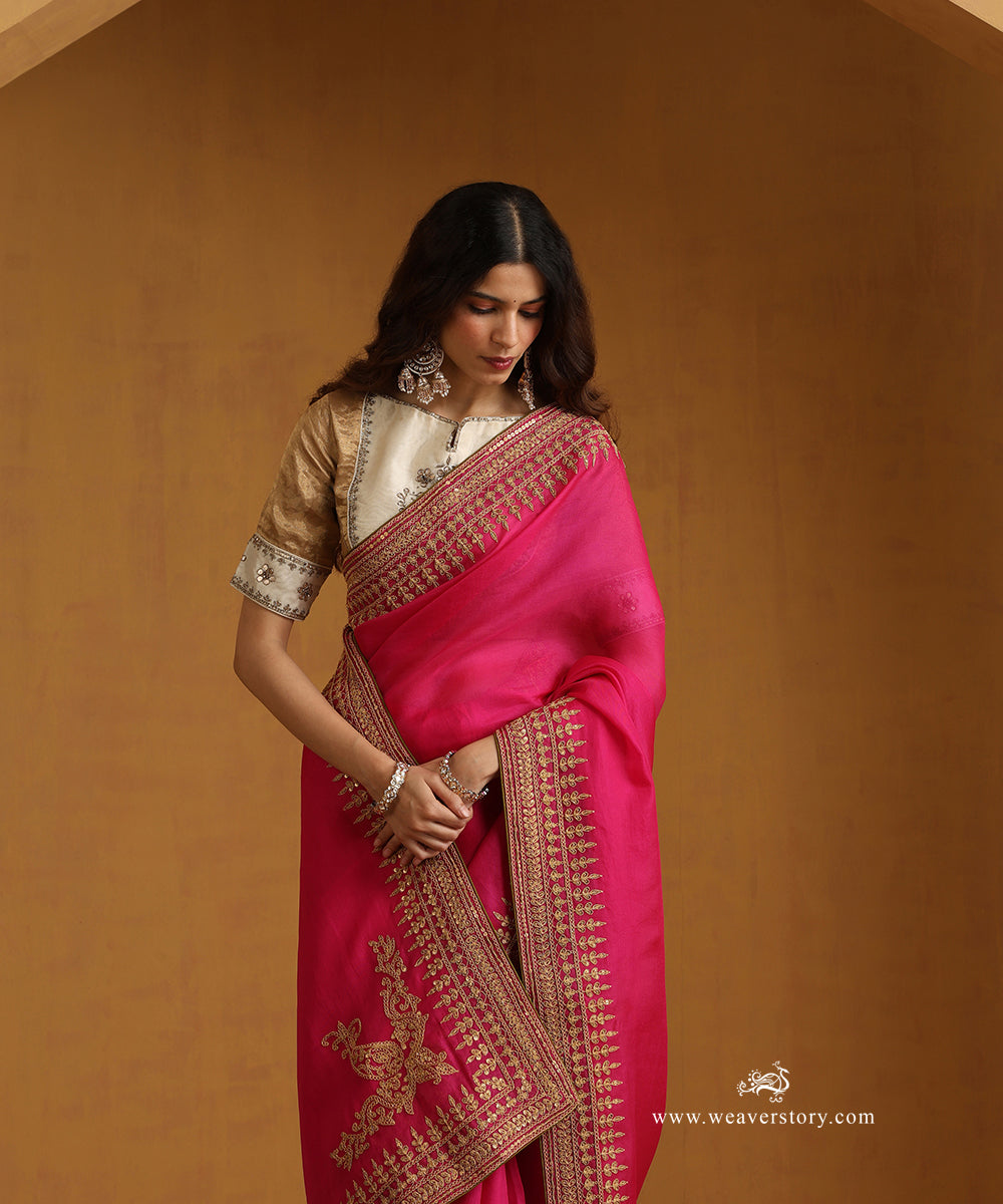 Hot Pink Pure Organza Saree With Zardozi Dori Work And Marodi Hand Embroidery