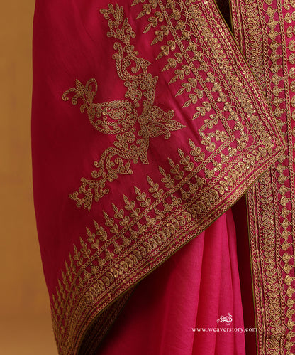 Hot Pink Pure Organza Saree With Zardozi Dori Work And Marodi Hand Embroidery