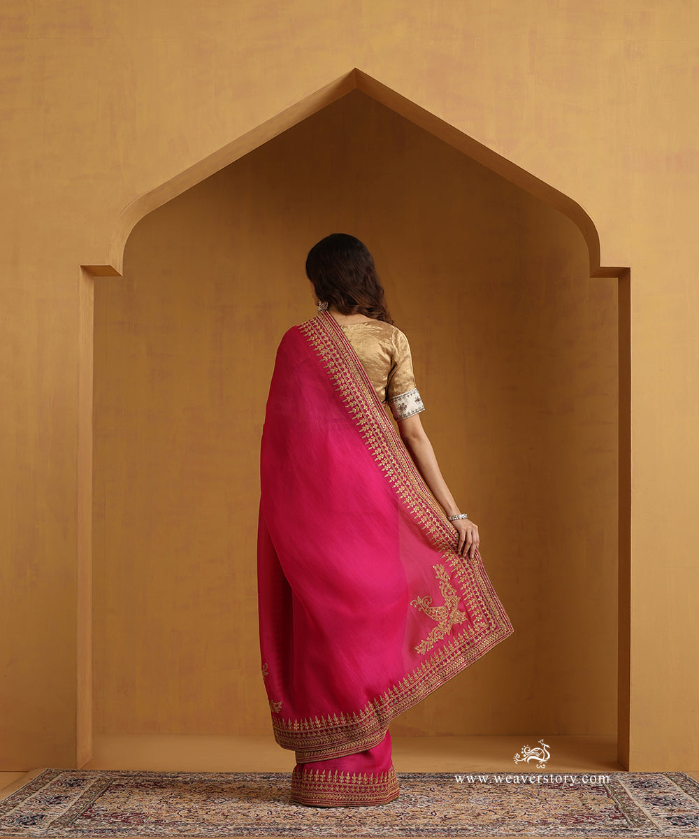 Hot Pink Pure Organza Saree With Zardozi Dori Work And Marodi Hand Embroidery