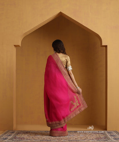 Hot Pink Pure Organza Saree With Zardozi Dori Work And Marodi Hand Embroidery