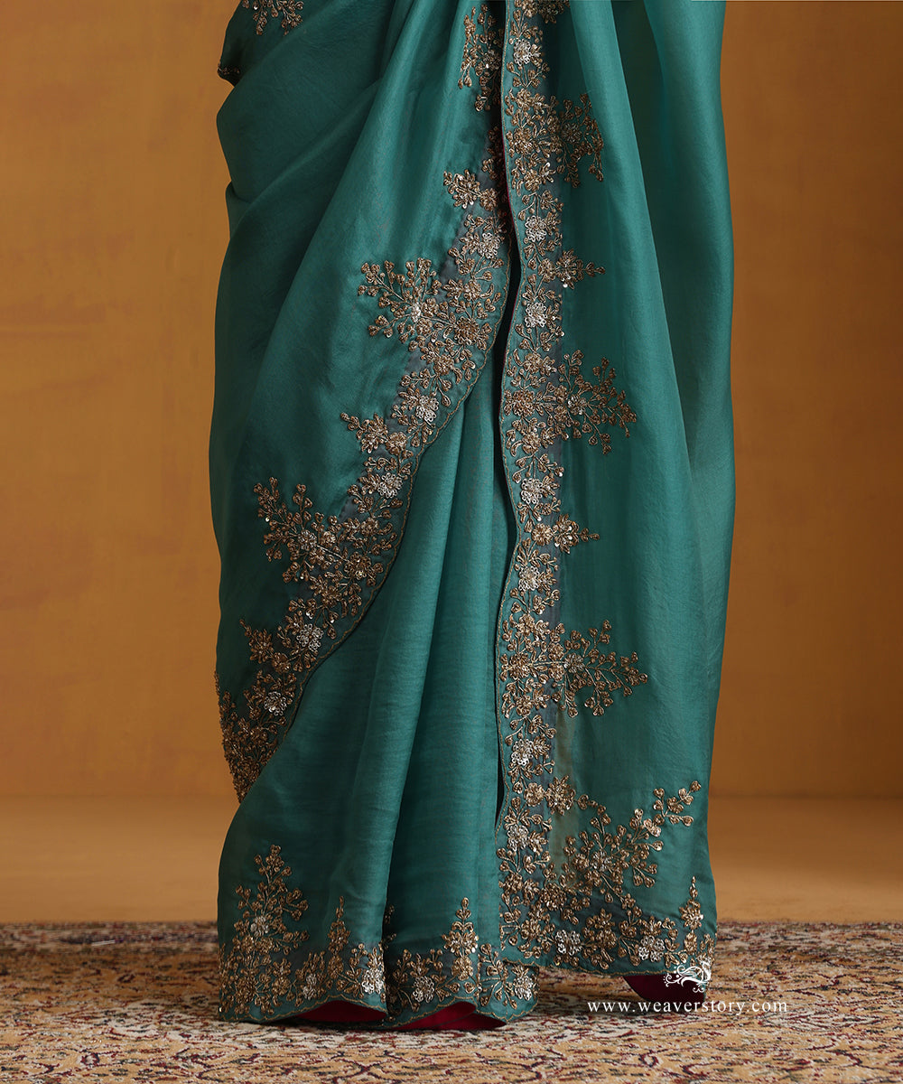 Teal Pure Organza Saree With Beautiful Guldosi Scalloped Border Design