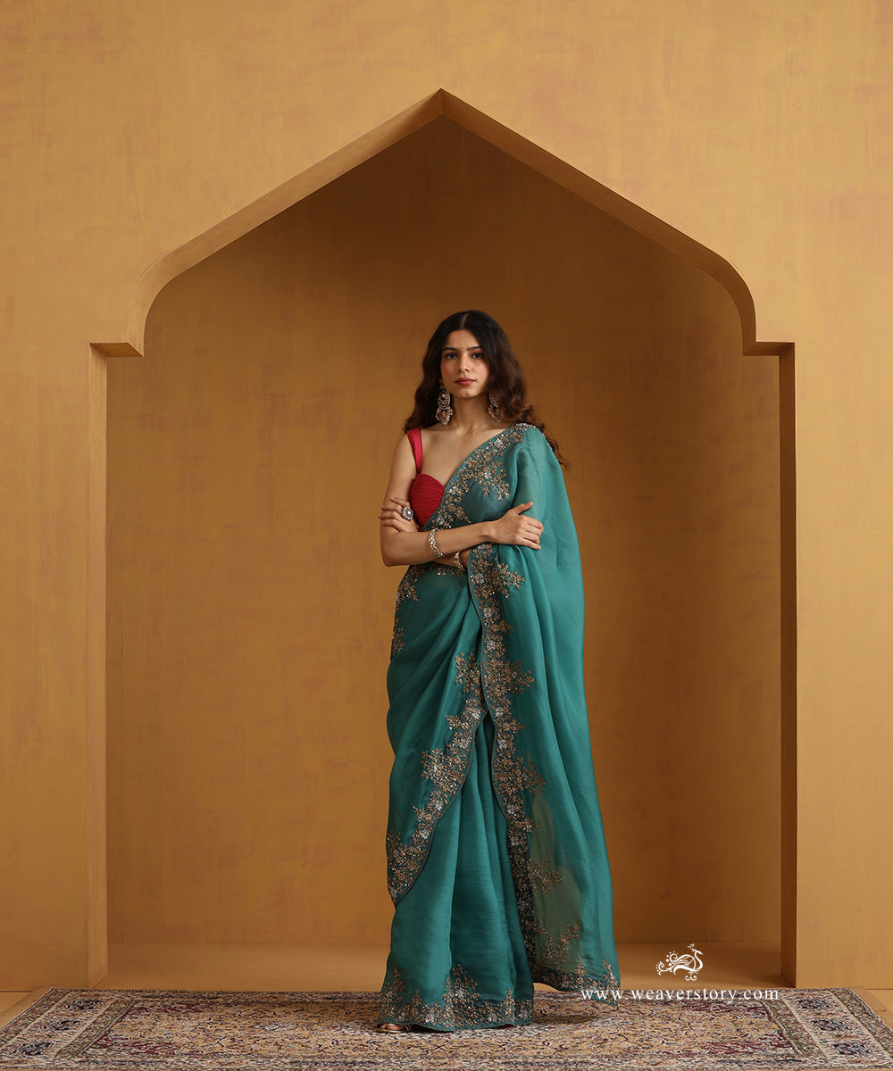 Teal Pure Organza Saree With Beautiful Guldosi Scalloped Border Design