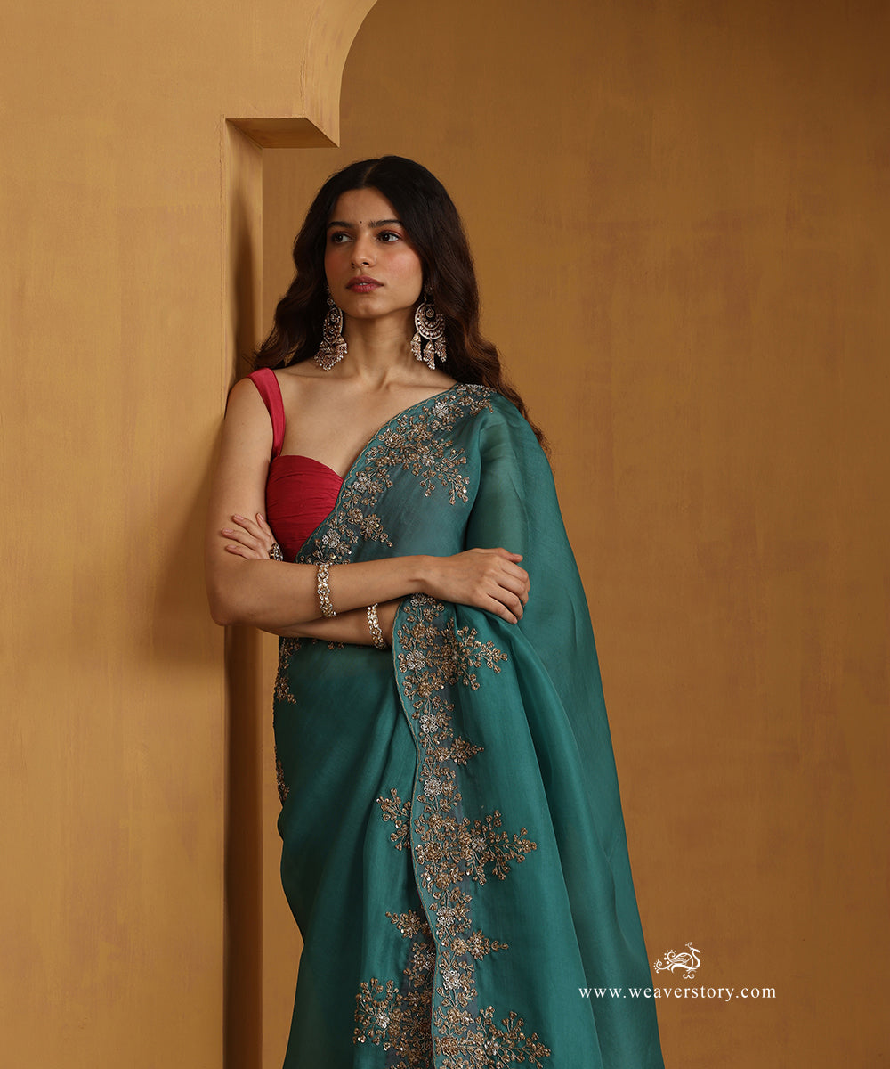 Teal Pure Organza Saree With Beautiful Guldosi Scalloped Border Design