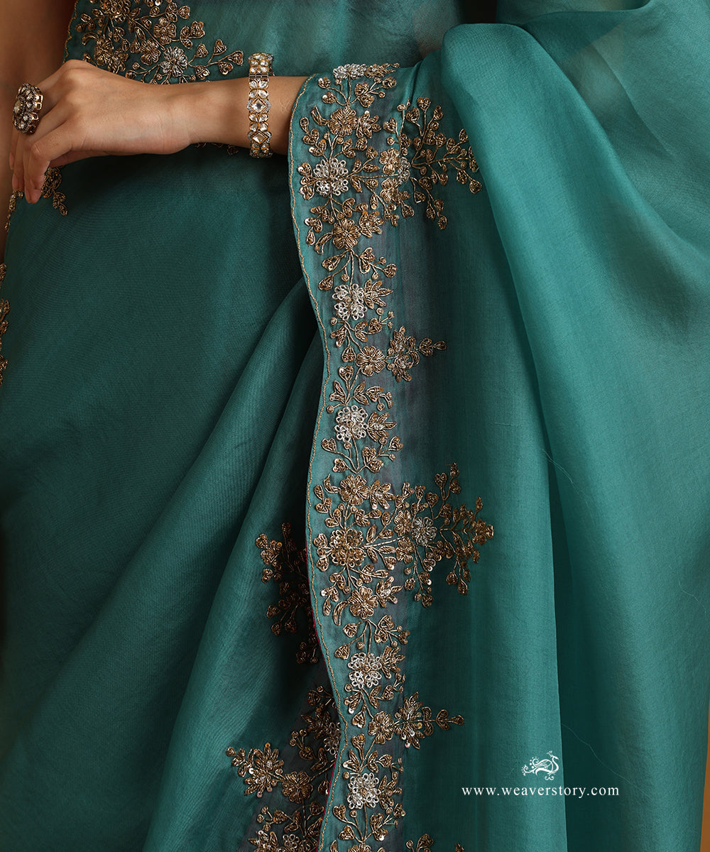 Teal Pure Organza Saree With Beautiful Guldosi Scalloped Border Design