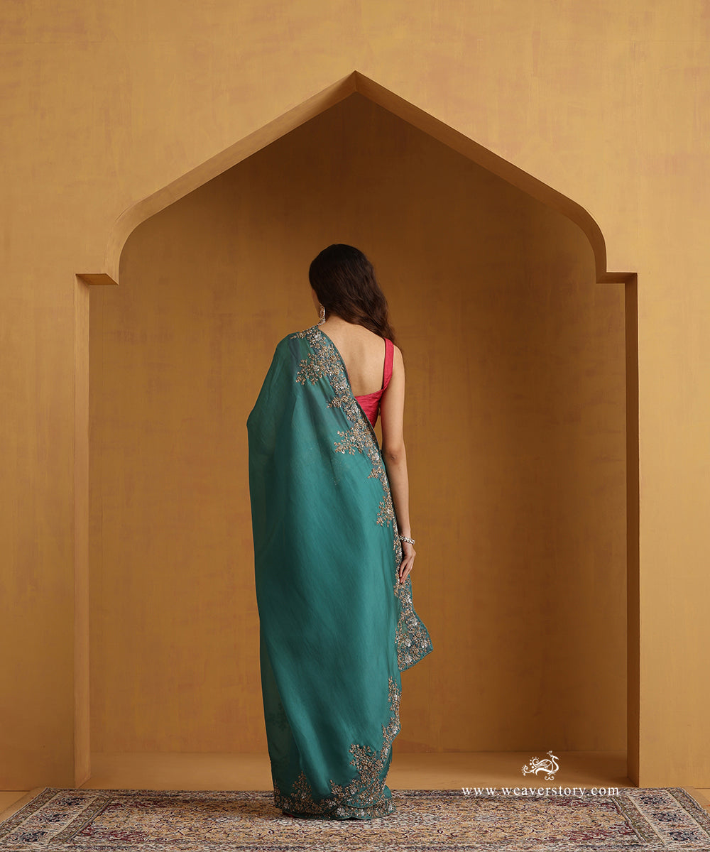 Teal Pure Organza Saree With Beautiful Guldosi Scalloped Border Design