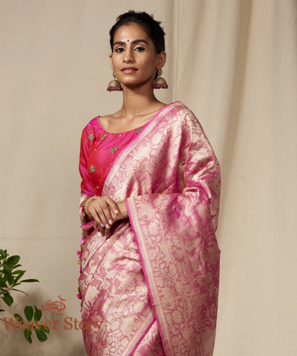 Handwoven Soft Pink Banarasi Shikargah Saree