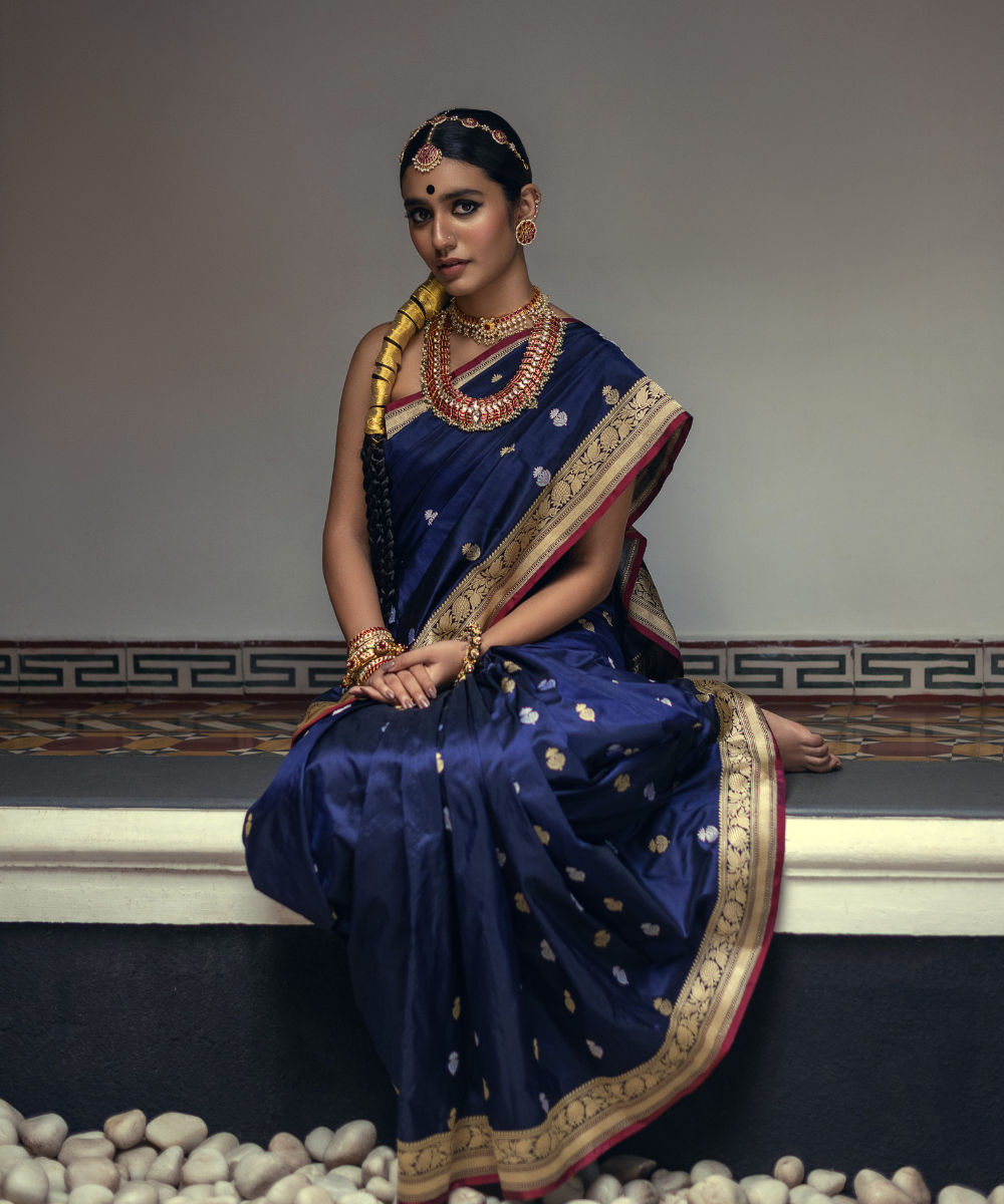 Priya Prakash Varrier In Handloom Blue And Black Pure Katan Silk Banarasi Saree