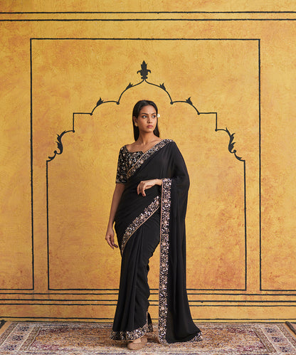 Black_Hand_Embroidered_Zardozi_Crepe_Saree_With_Floral_Design_On_The_Border_WeaverStory_01