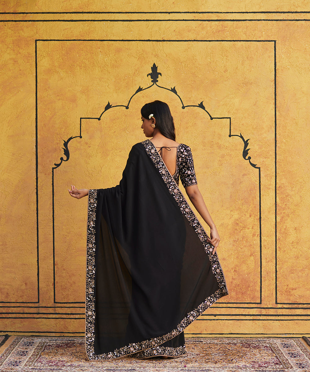 Black_Hand_Embroidered_Zardozi_Crepe_Saree_With_Floral_Design_On_The_Border_WeaverStory_03