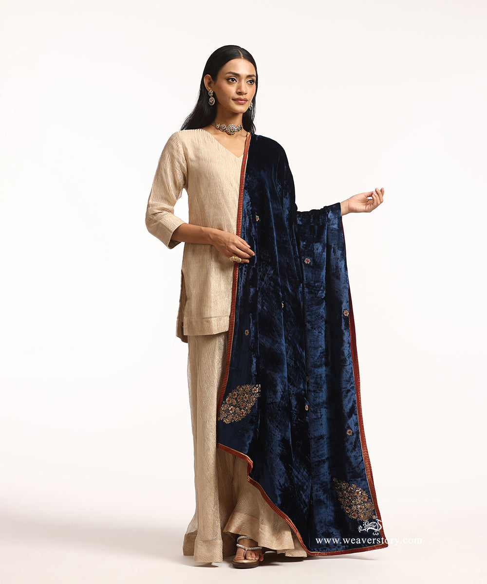 Navy_Blue_Hand_Embroidered_Velvet_Doshala_With_Konia_Boota_And_Majenta_Meena_WeaverStory_01