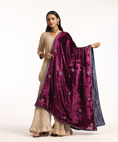 Wine_Hand_Embroidered_Velvet_Doshala_With_Round_Booti_Embroidery_WeaverStory_01