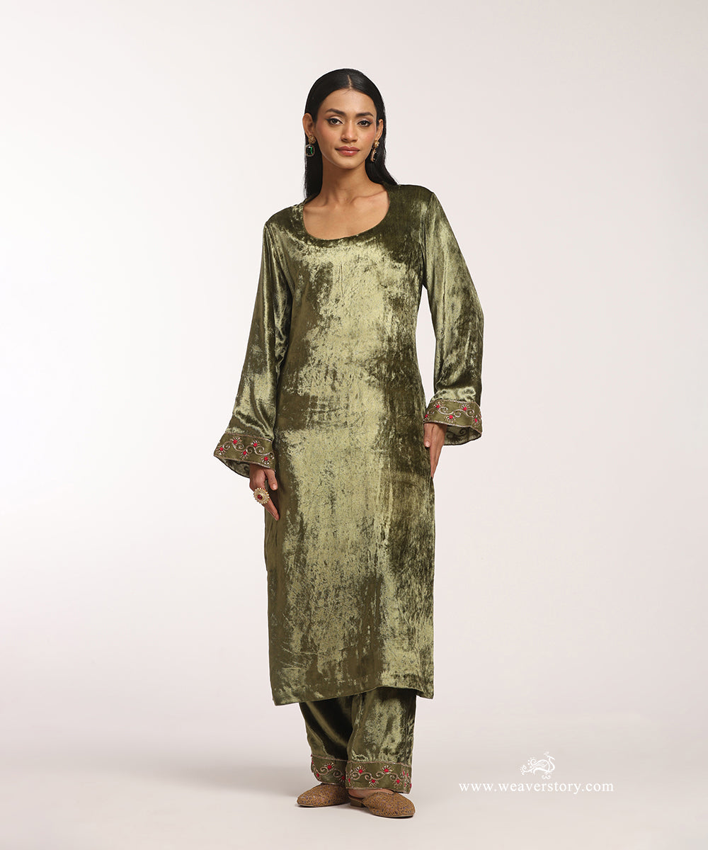 Olive_Green_Handloom_Velvet_Suit_Set_With_Organza_Mori_WeaverStory_01